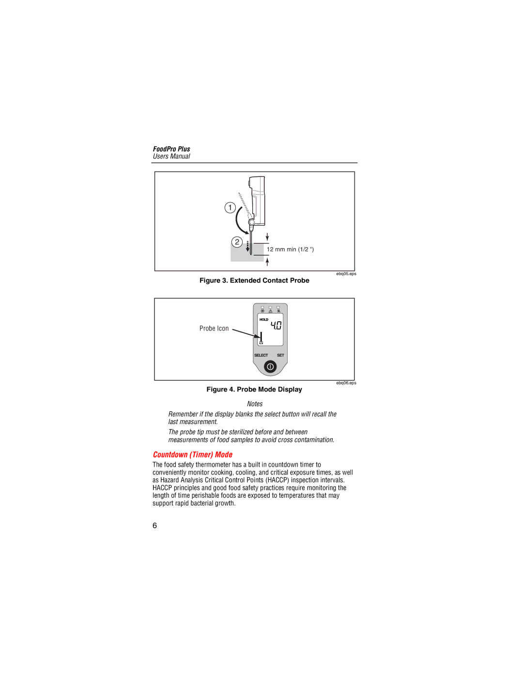 Fluke Food Safety Thermometer user manual Countdown Timer Mode, Extended Contact Probe 