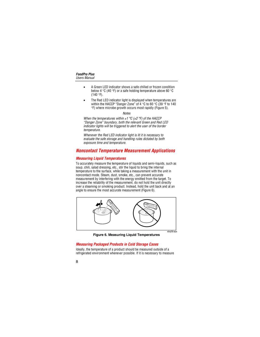 Fluke Food Safety Thermometer user manual Noncontact Temperature Measurement Applications, Measuring Liquid Temperatures 