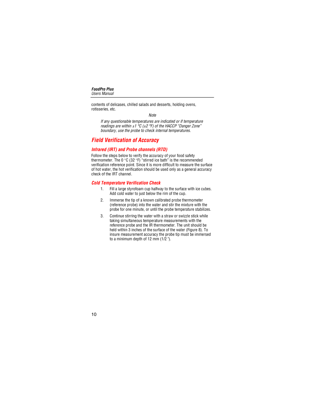 Fluke Food Safety Thermometer user manual Field Verification of Accuracy, Infrared IRT and Probe channels RTD 