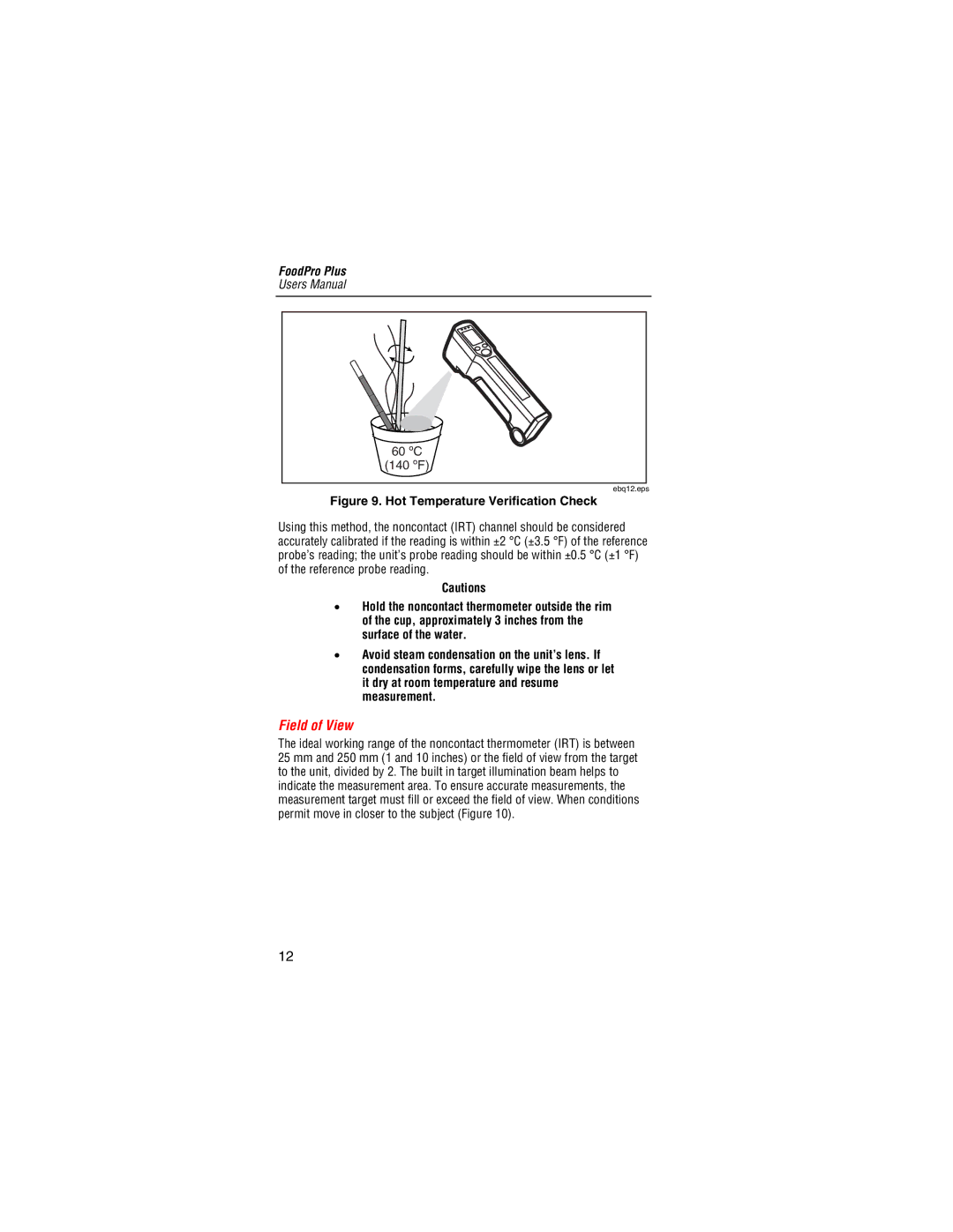 Fluke Food Safety Thermometer user manual Field of View, Hot Temperature Verification Check 