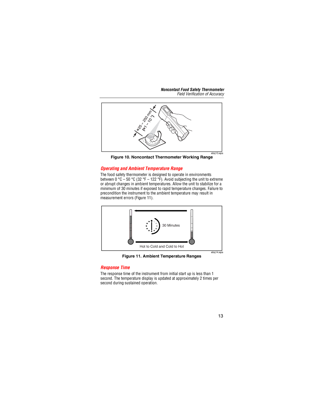 Fluke Food Safety Thermometer user manual Operating and Ambient Temperature Range, Response Time 