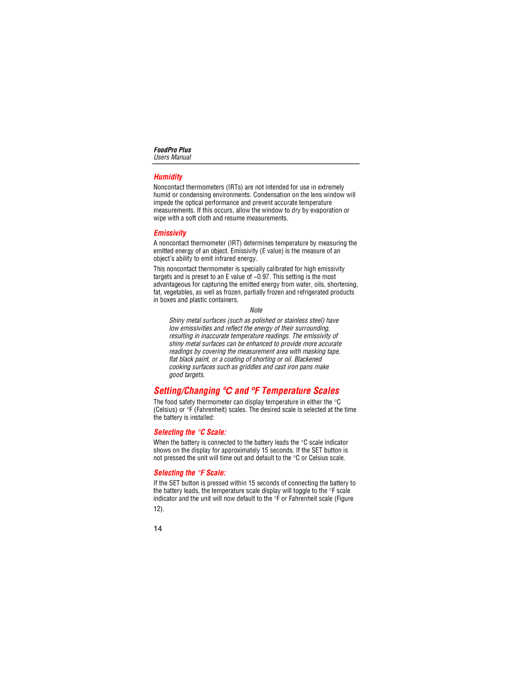 Fluke Food Safety Thermometer Setting/Changing ºC and ºF Temperature Scales, Humidity, Emissivity, Selecting the C Scale 