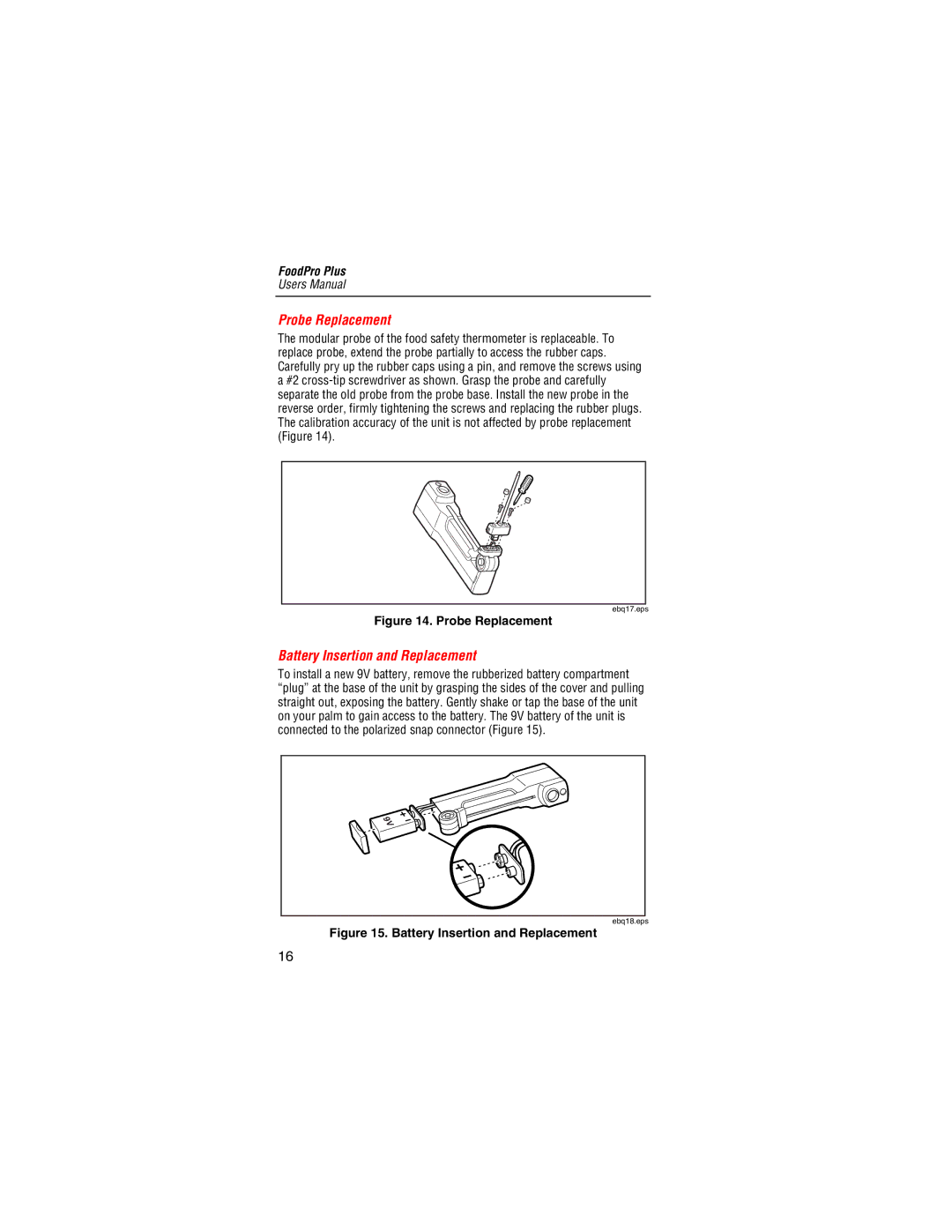 Fluke Food Safety Thermometer user manual Probe Replacement, Battery Insertion and Replacement 