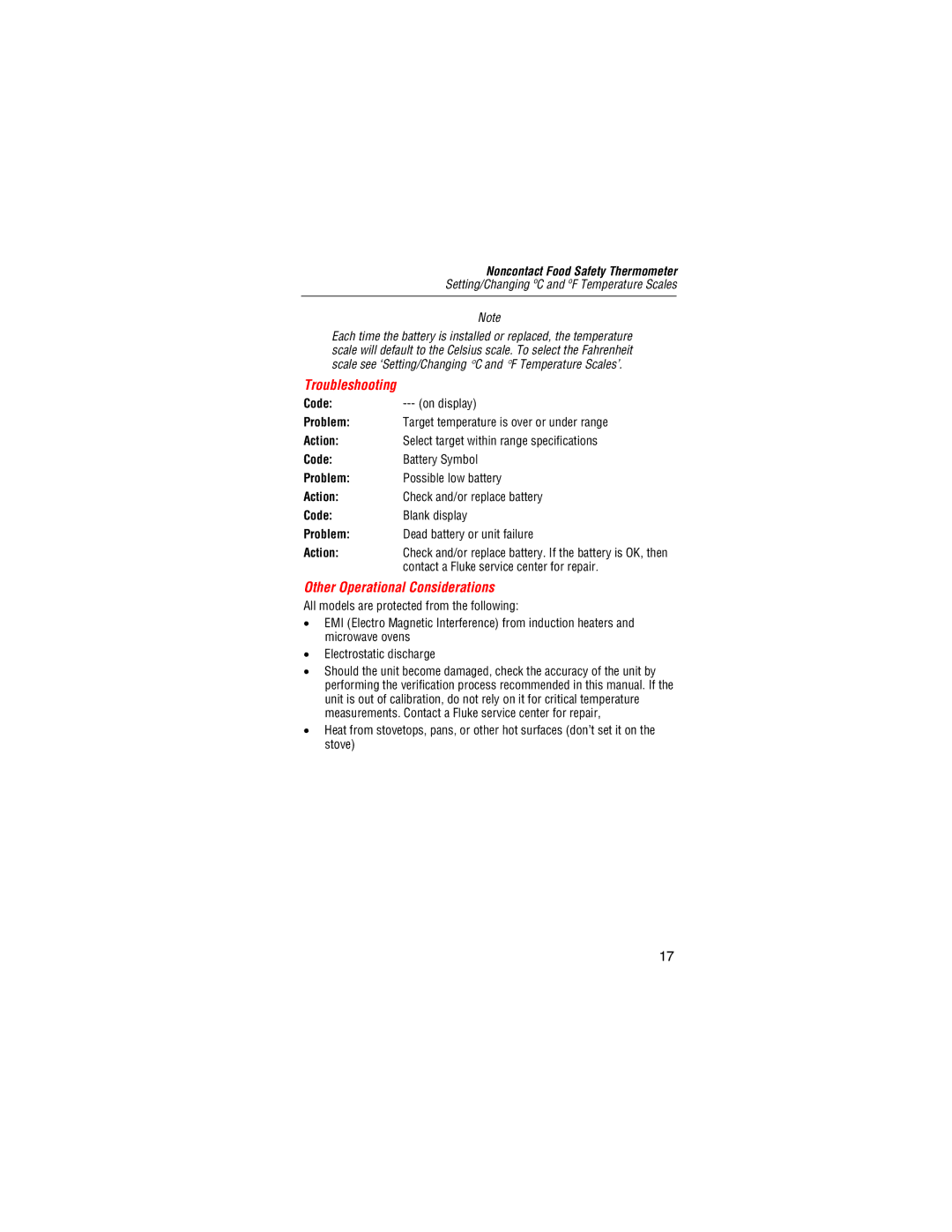 Fluke Food Safety Thermometer user manual Troubleshooting, Other Operational Considerations 