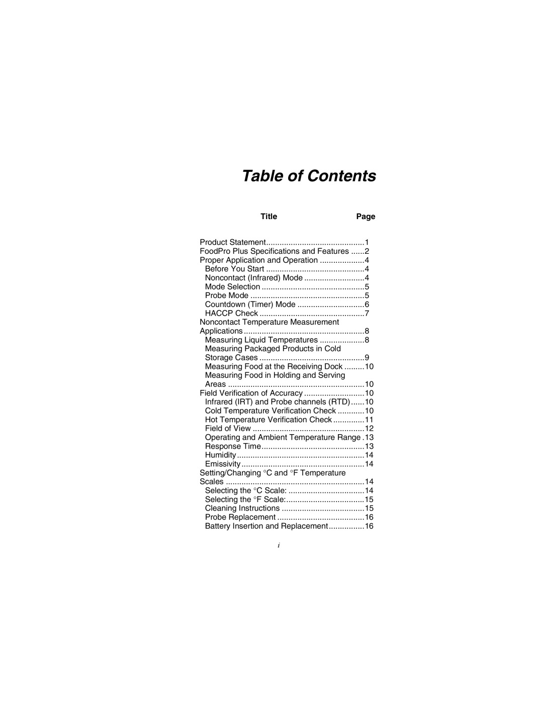 Fluke Food Safety Thermometer user manual Table of Contents 