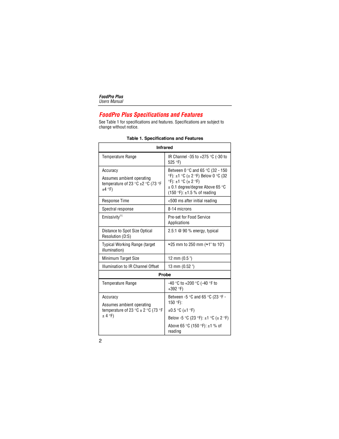 Fluke Food Safety Thermometer user manual FoodPro Plus Specifications and Features, Specifications and Features Infrared 