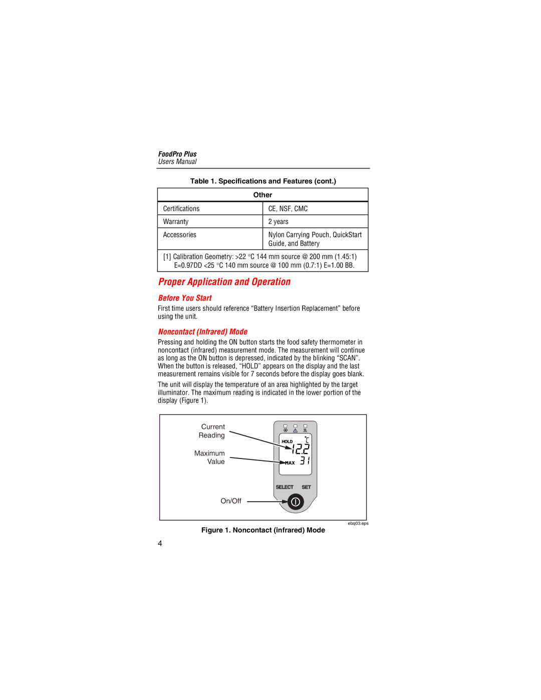 Fluke Food Safety Thermometer user manual Proper Application and Operation, Before You Start, Noncontact Infrared Mode 