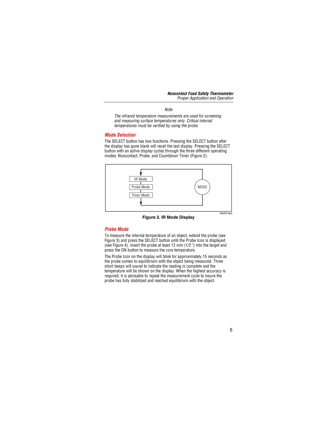 Fluke Food Safety Thermometer user manual Mode Selection, Probe Mode 