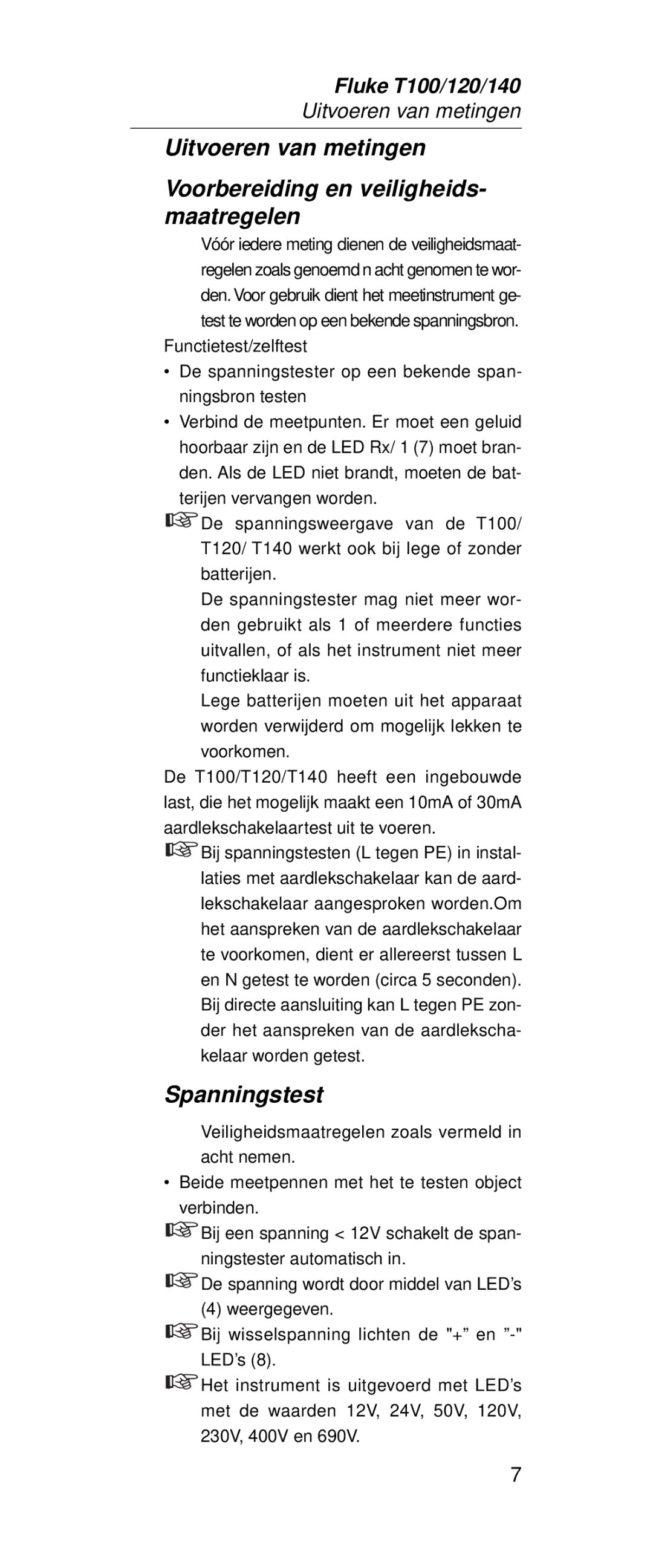 Fluke FT140, FT120 manual Spanningstest 