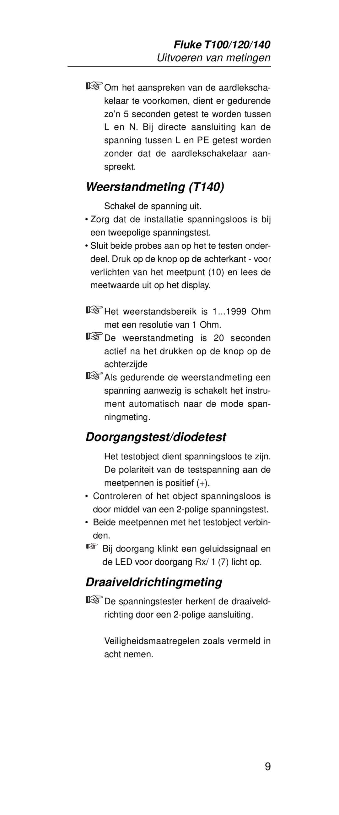 Fluke FT140, FT120 manual Weerstandmeting T140, Doorgangstest/diodetest, Draaiveldrichtingmeting 