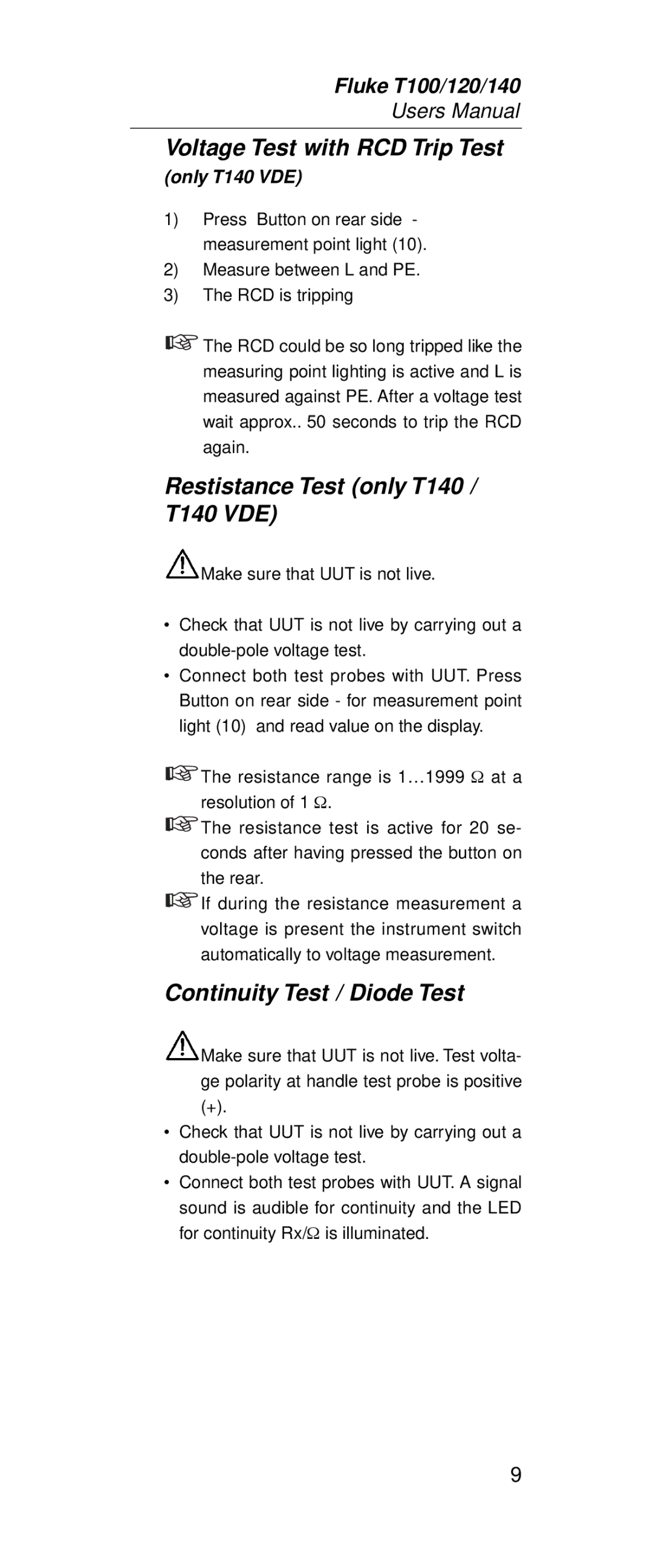 Fluke FT140, FT120 manual Restistance Test only T140 / T140 VDE, Continuity Test / Diode Test 