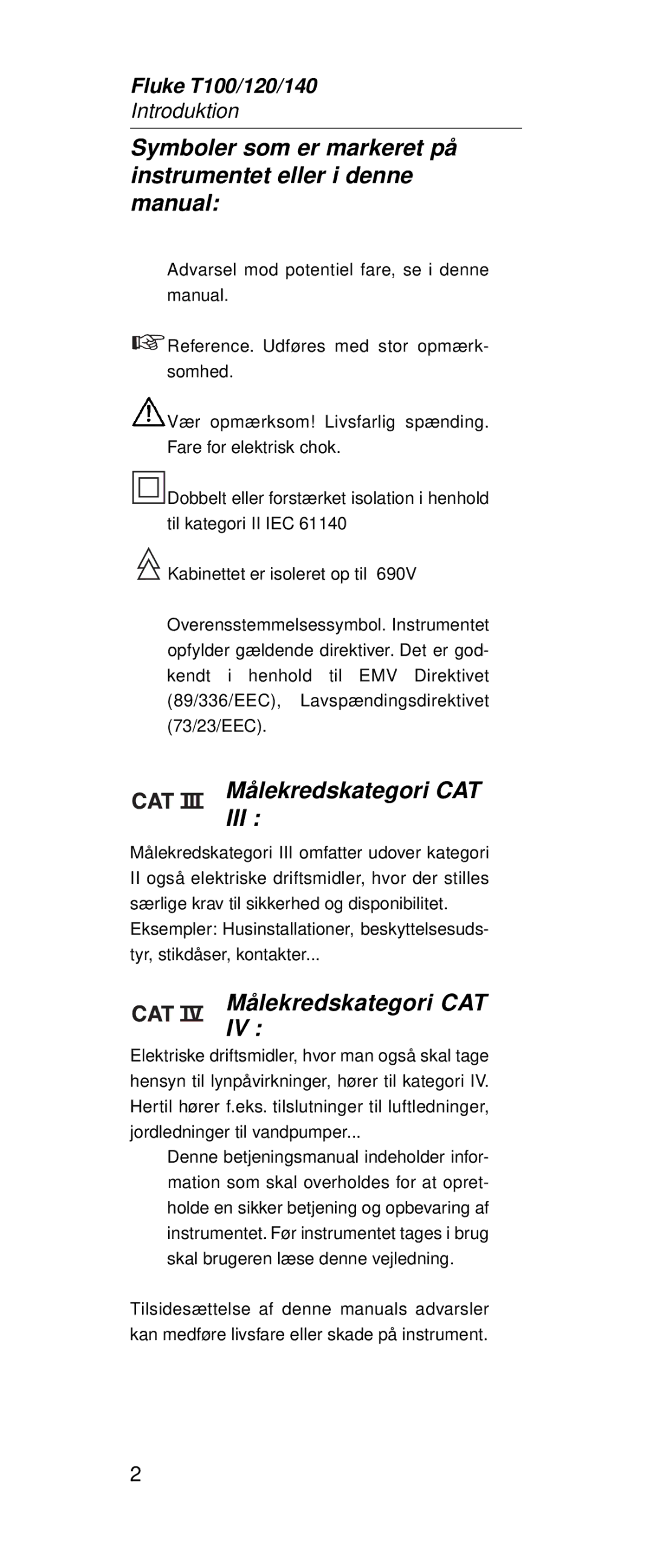 Fluke FT120, FT140 manual Målekredskategori CAT, Iii 