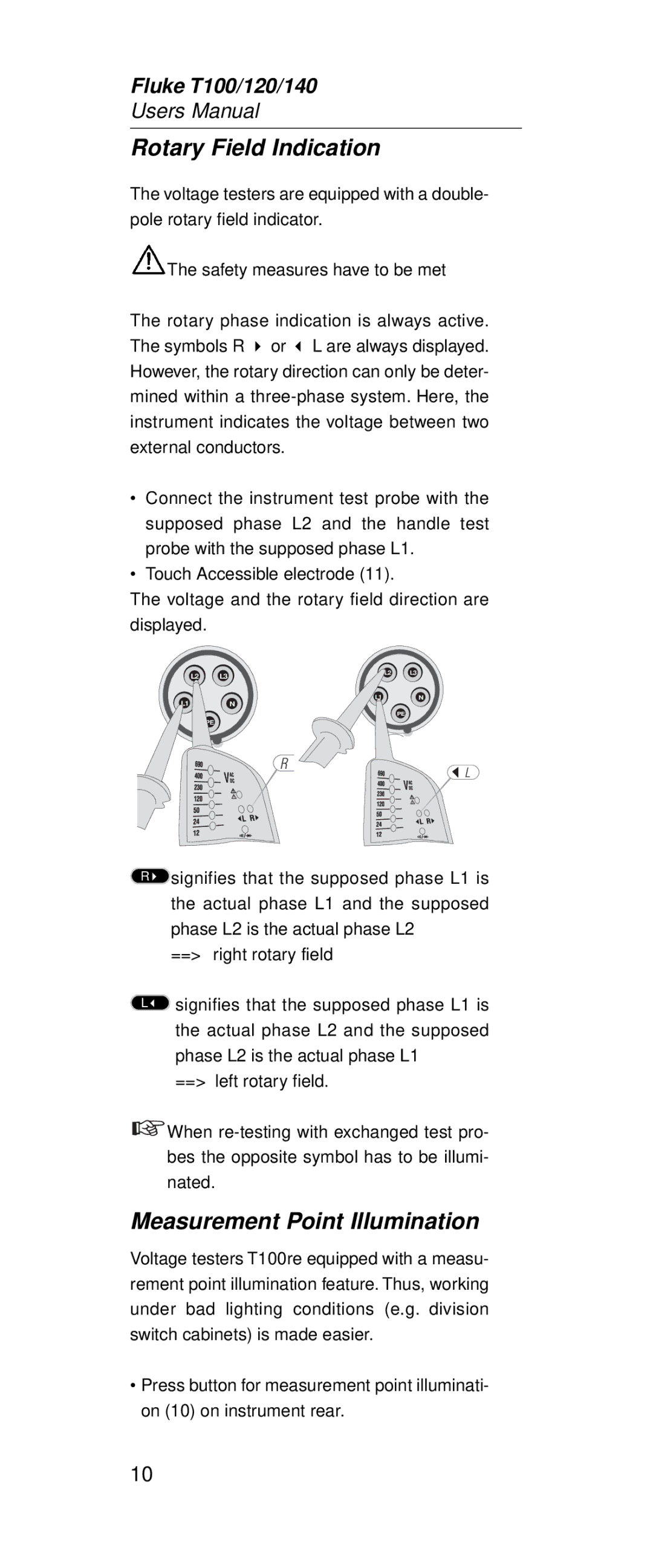 Fluke FT120, FT140 manual Rotary Field Indication, Measurement Point Illumination 