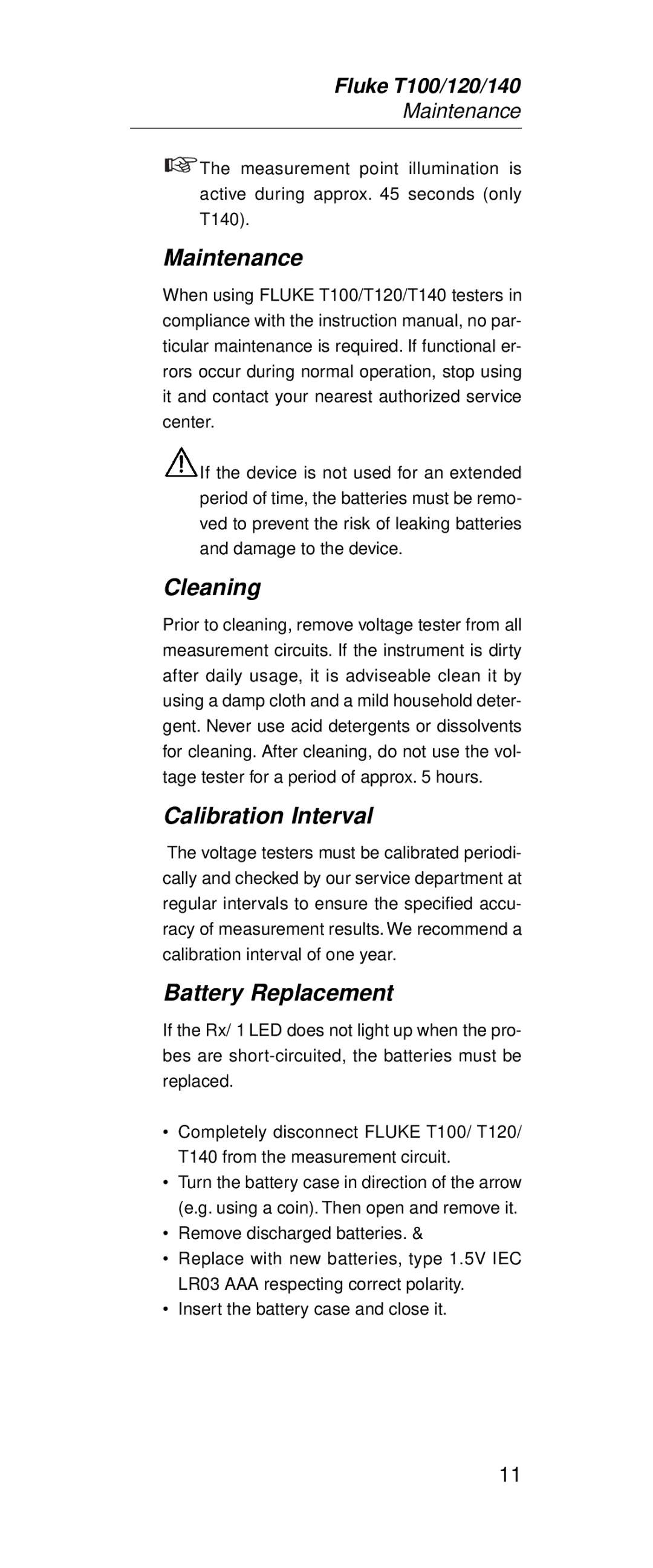 Fluke FT140, FT120 manual Maintenance, Cleaning, Calibration Interval, Battery Replacement 