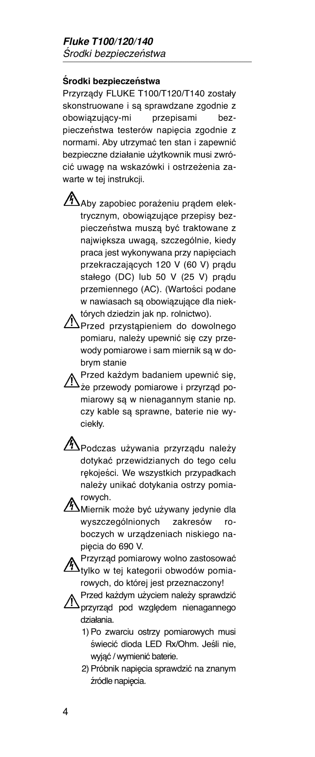 Fluke FT120, FT140 manual Środki bezpieczeństwa 