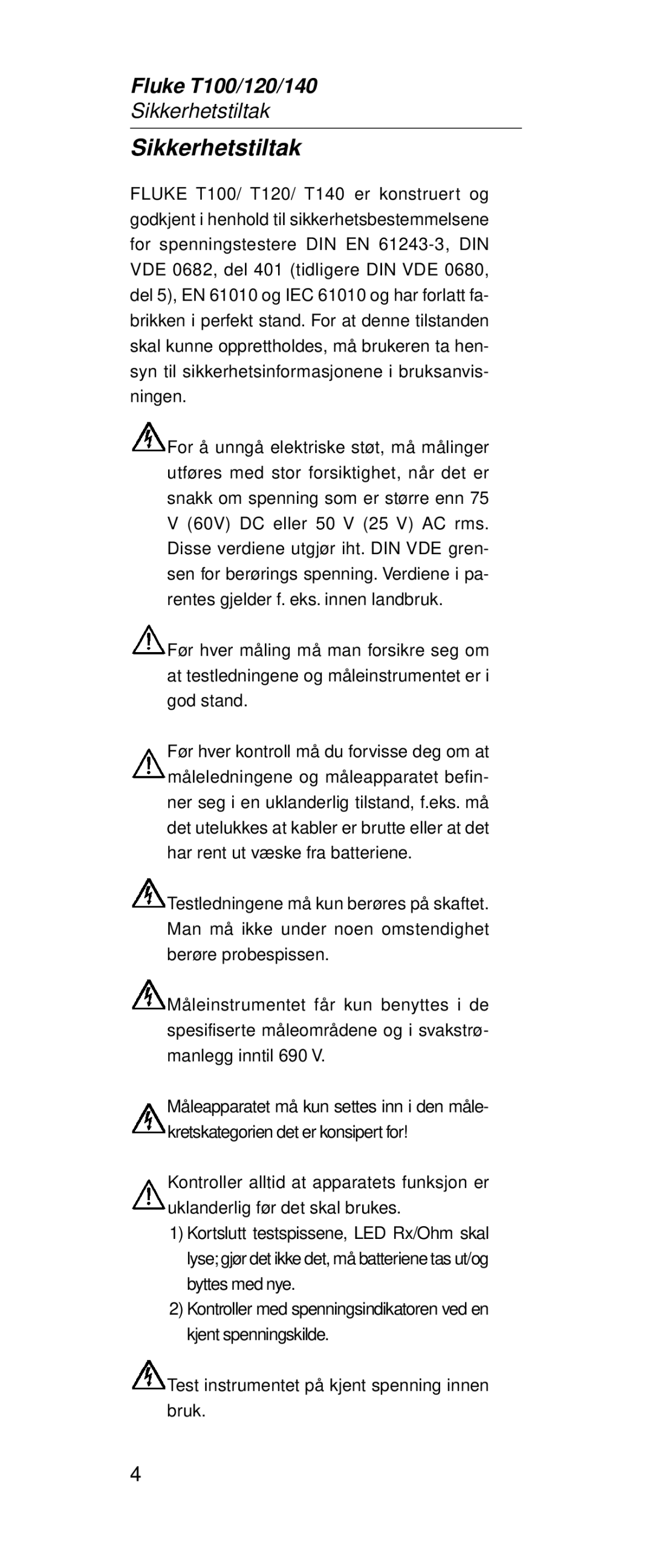 Fluke FT120, FT140 manual Sikkerhetstiltak 