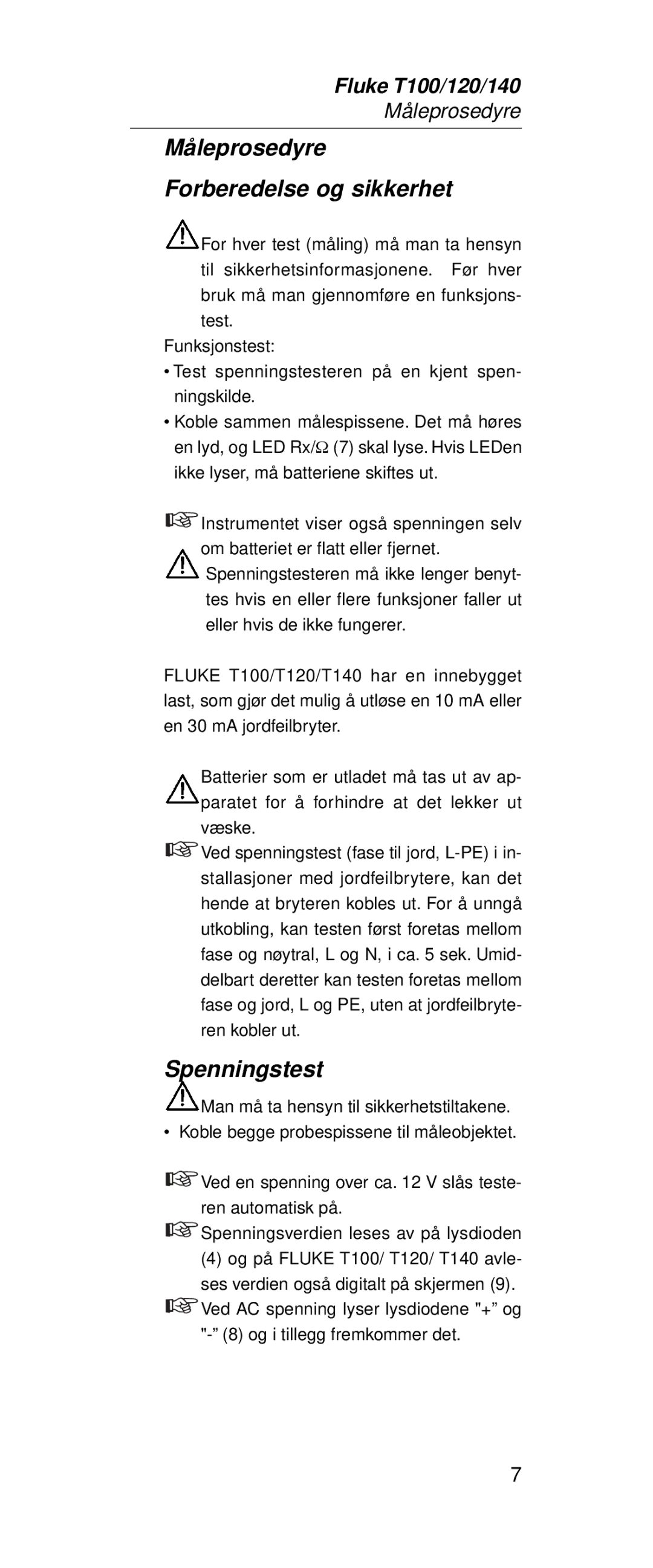 Fluke FT140, FT120 manual Måleprosedyre Forberedelse og sikkerhet, Spenningstest 