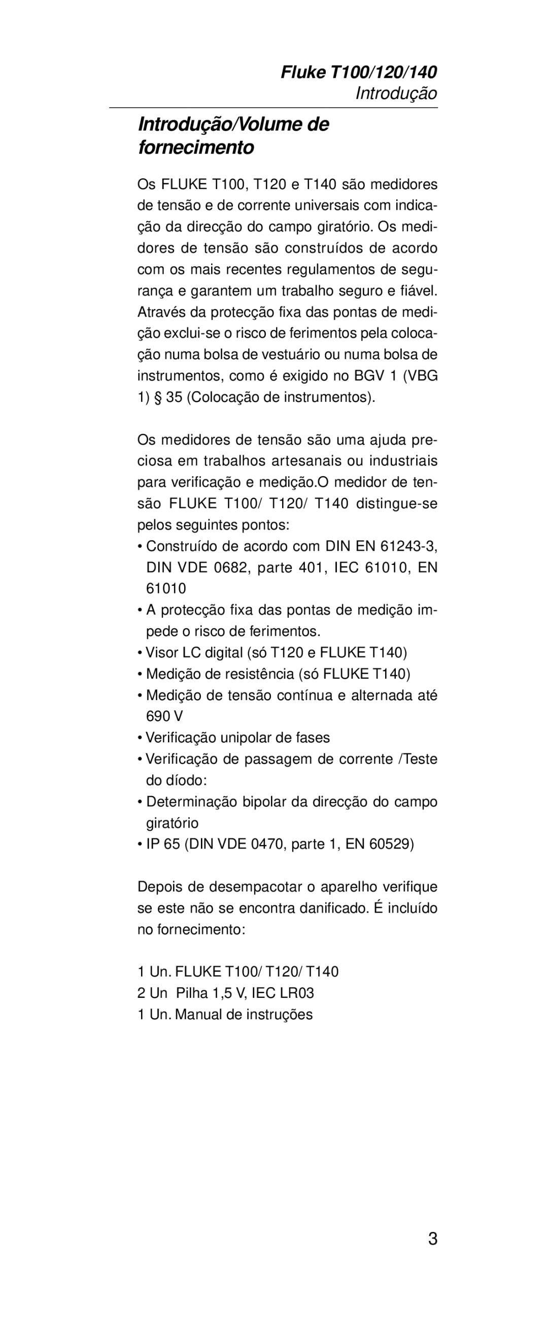 Fluke FT140, FT120 manual Introdução/Volume de fornecimento 