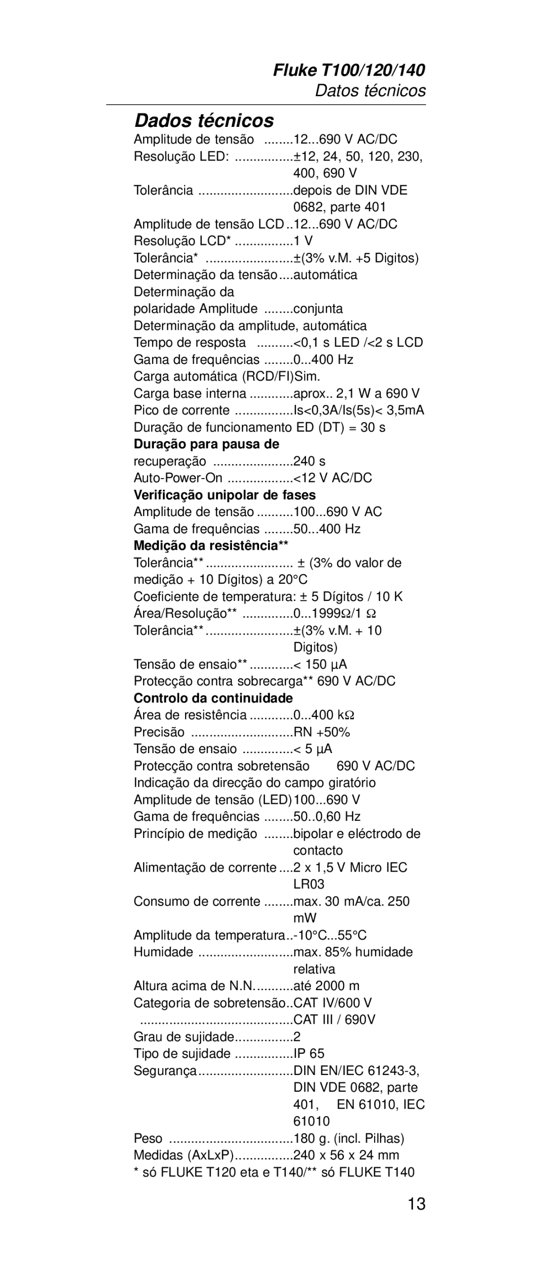 Fluke FT140, FT120 manual Dados técnicos, Medição da resistência 