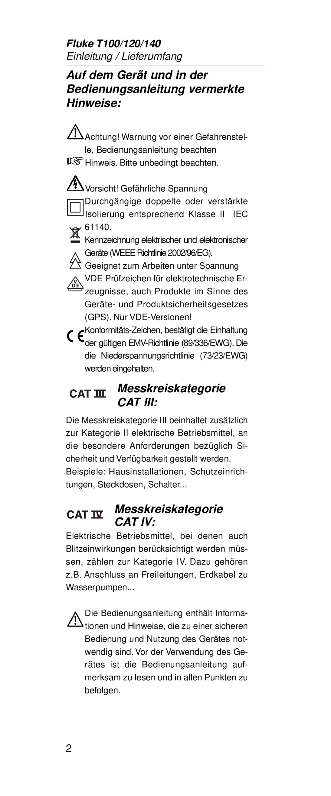 Fluke FT120, FT140 manual Messkreiskategorie, Cat 