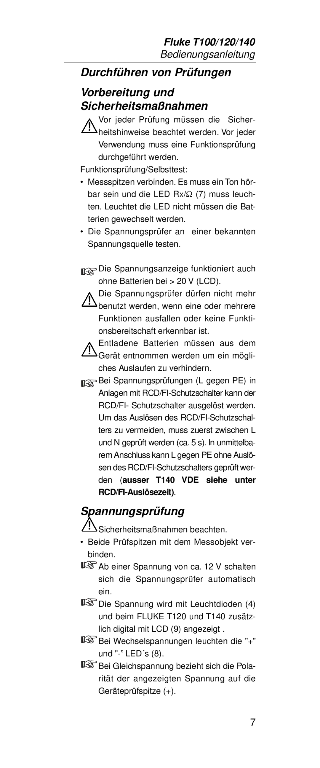 Fluke FT140, FT120 manual Spannungsprüfung 