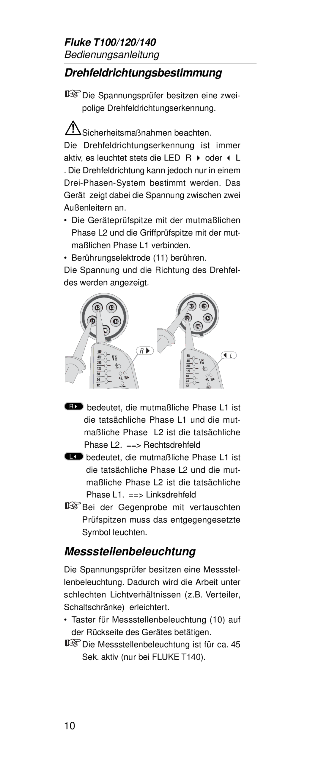 Fluke FT120, FT140 manual Drehfeldrichtungsbestimmung, Messstellenbeleuchtung 