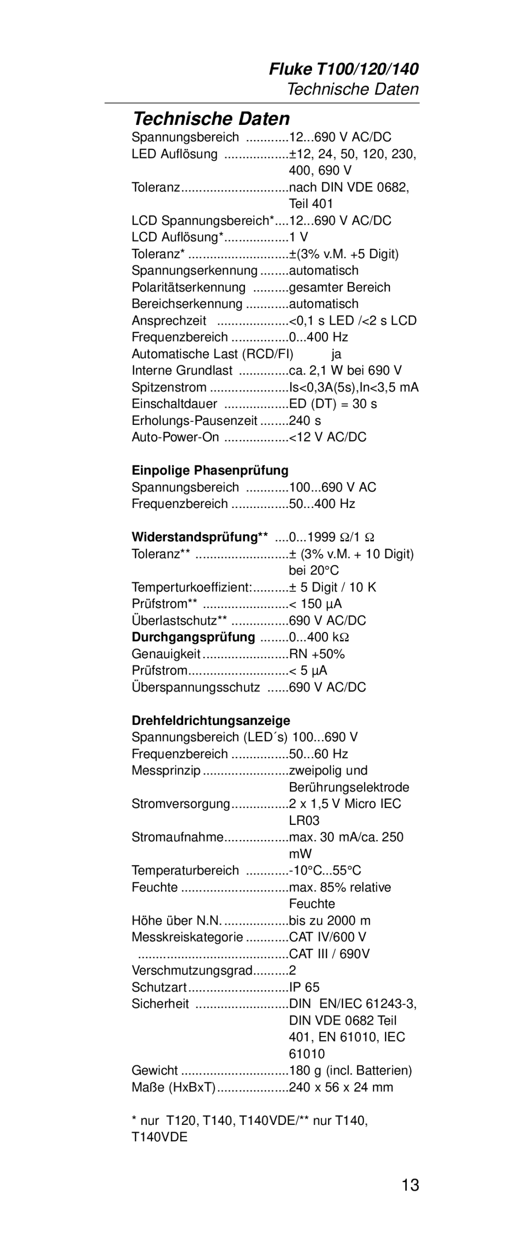 Fluke FT140, FT120 manual Technische Daten, Widerstandsprüfung 