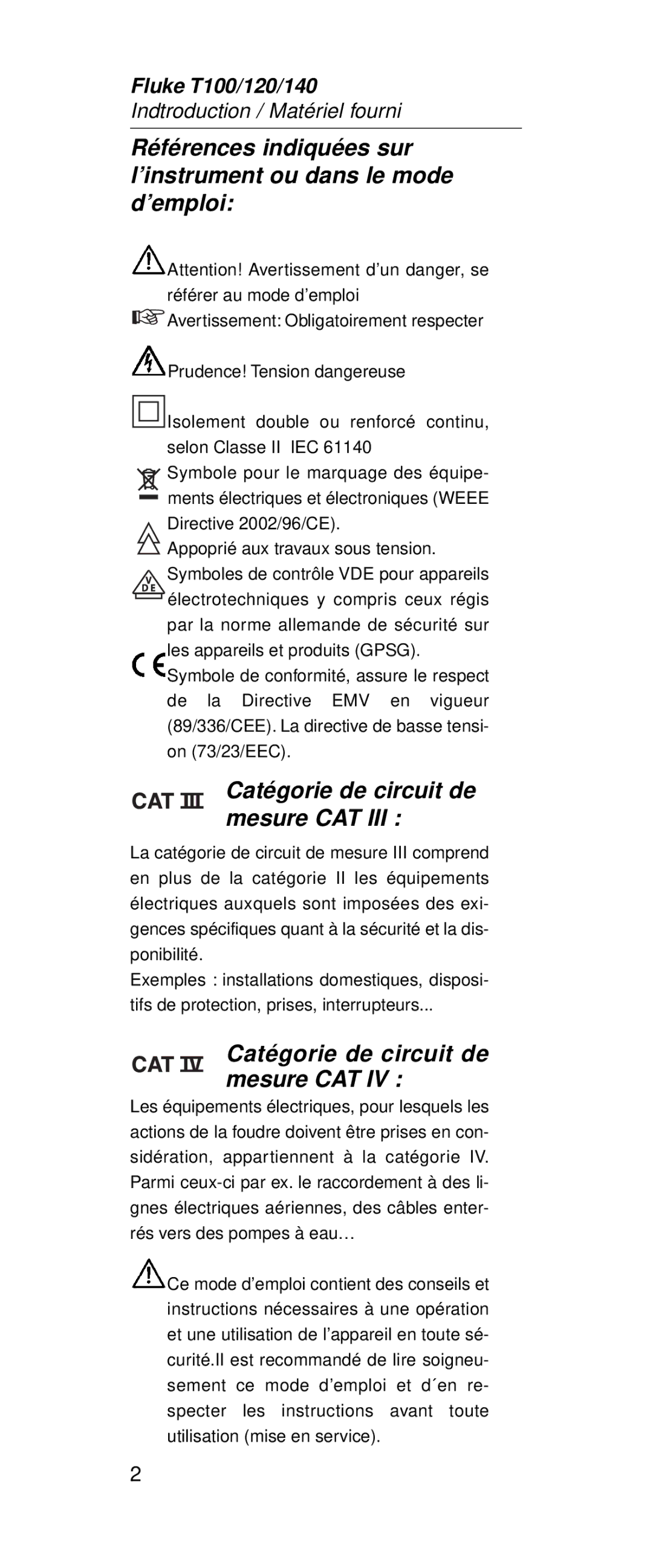 Fluke FT120, FT140 manual Catégorie de circuit de mesure CAT 