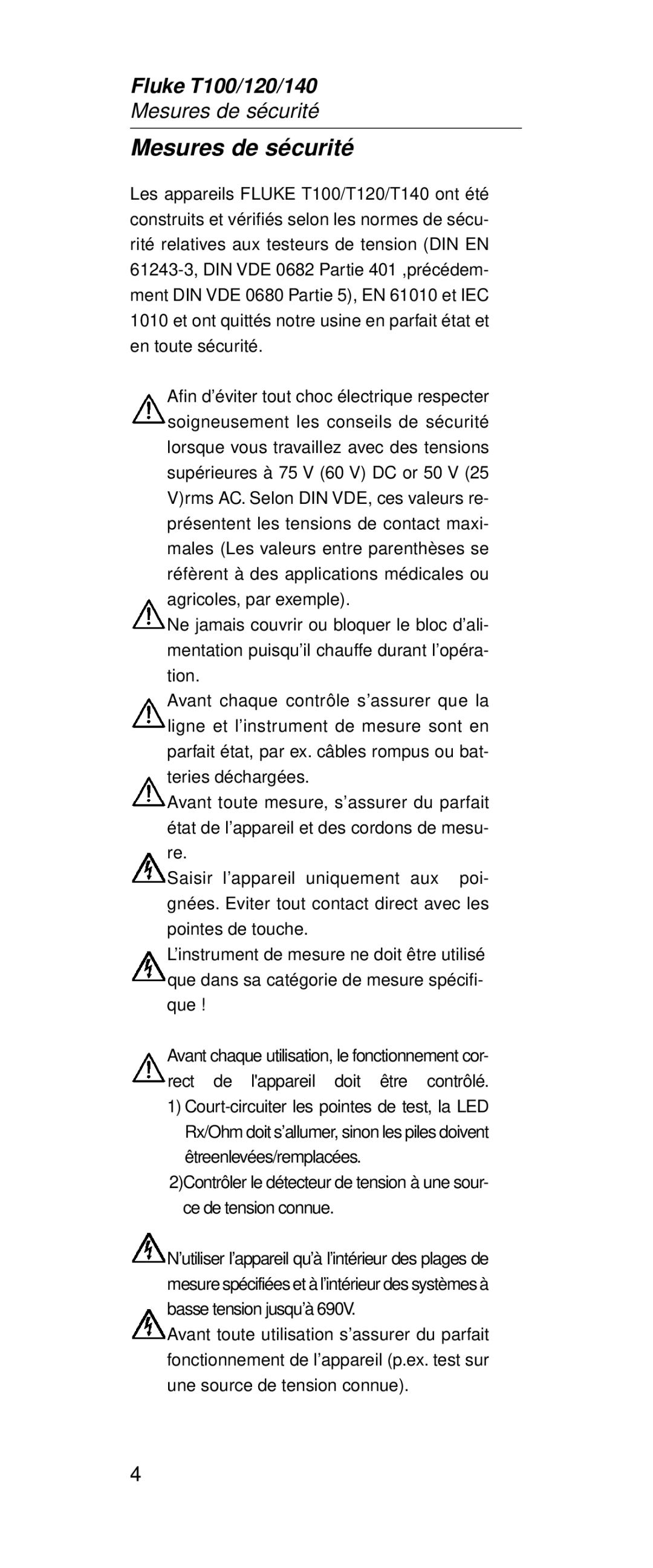 Fluke FT120, FT140 manual Mesures de sécurité 