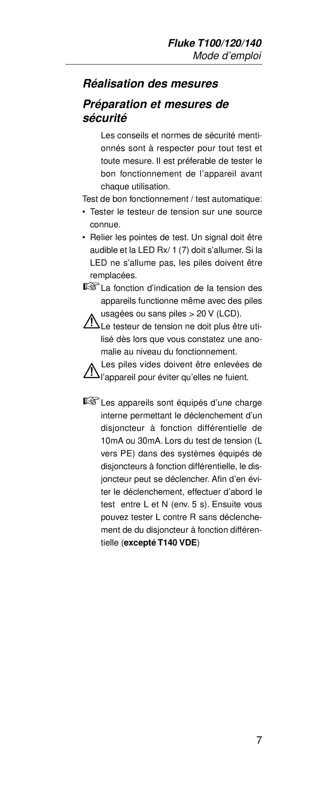 Fluke FT140, FT120 manual Réalisation des mesures Préparation et mesures de sécurité 