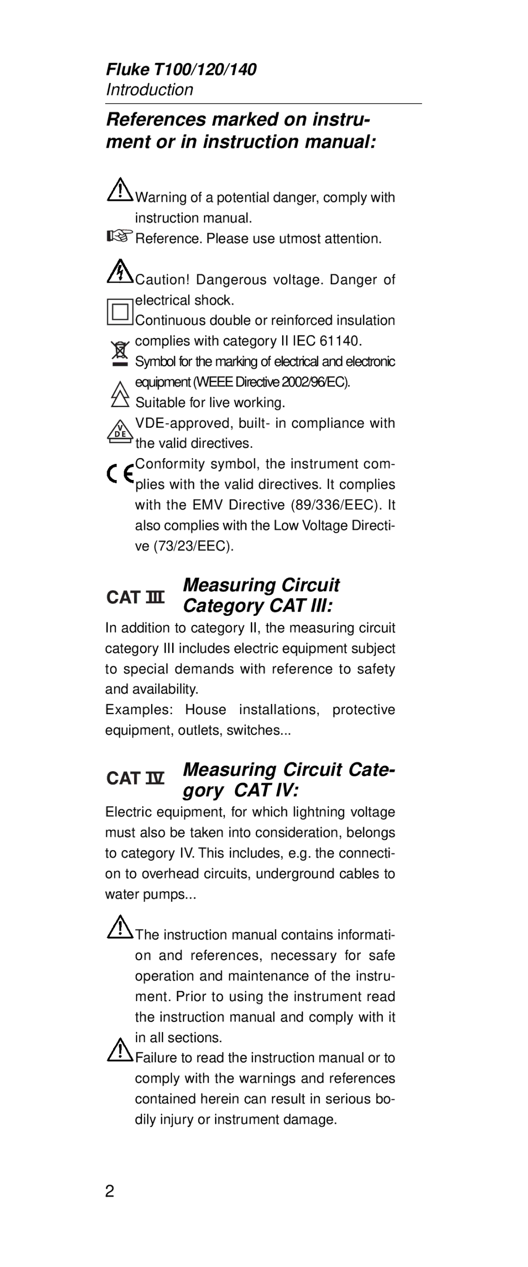 Fluke FT120, FT140 manual Measuring Circuit Category CAT, Measuring Circuit Cate- gory CAT 