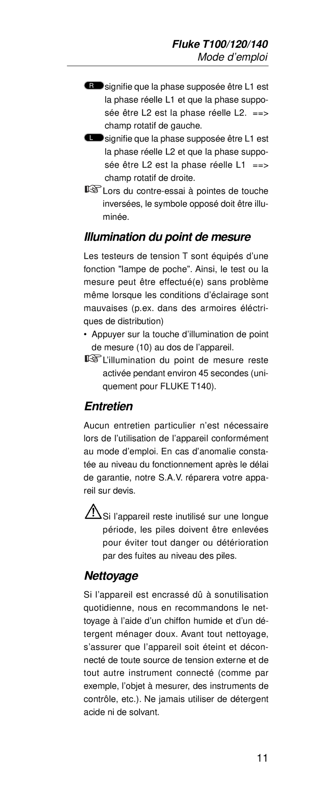 Fluke FT140, FT120 manual Illumination du point de mesure, Entretien, Nettoyage 