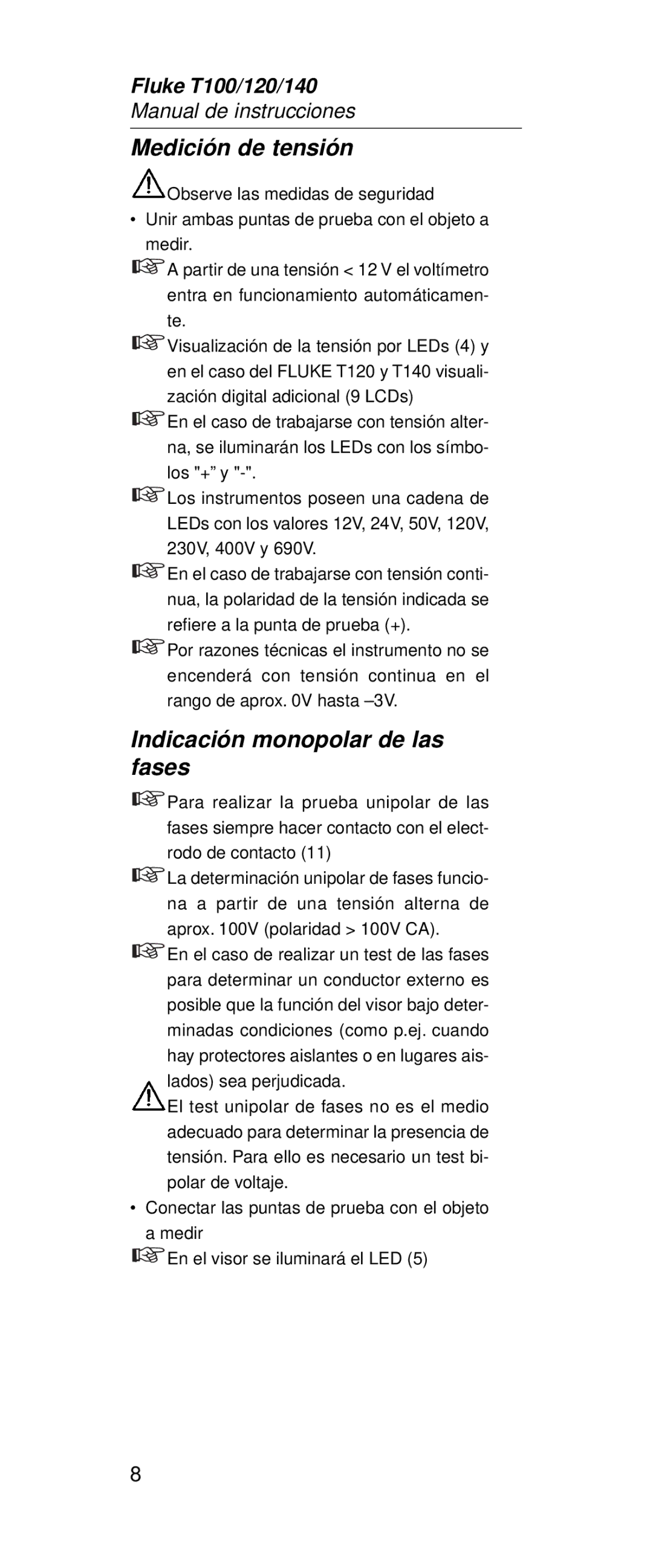 Fluke FT120, FT140 manual Medición de tensión, Indicación monopolar de las fases 