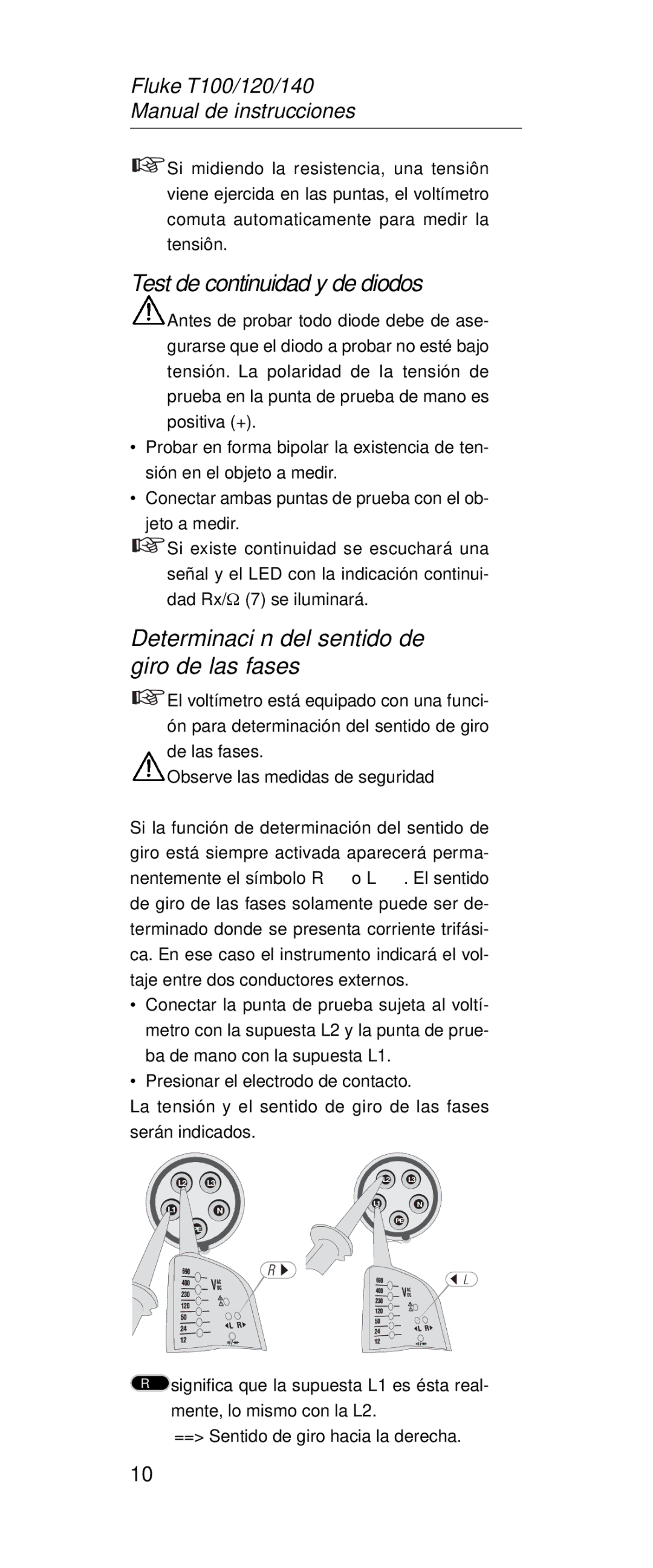 Fluke FT120, FT140 manual Test de continuidad y de diodos, Determinación del sentido de giro de las fases 