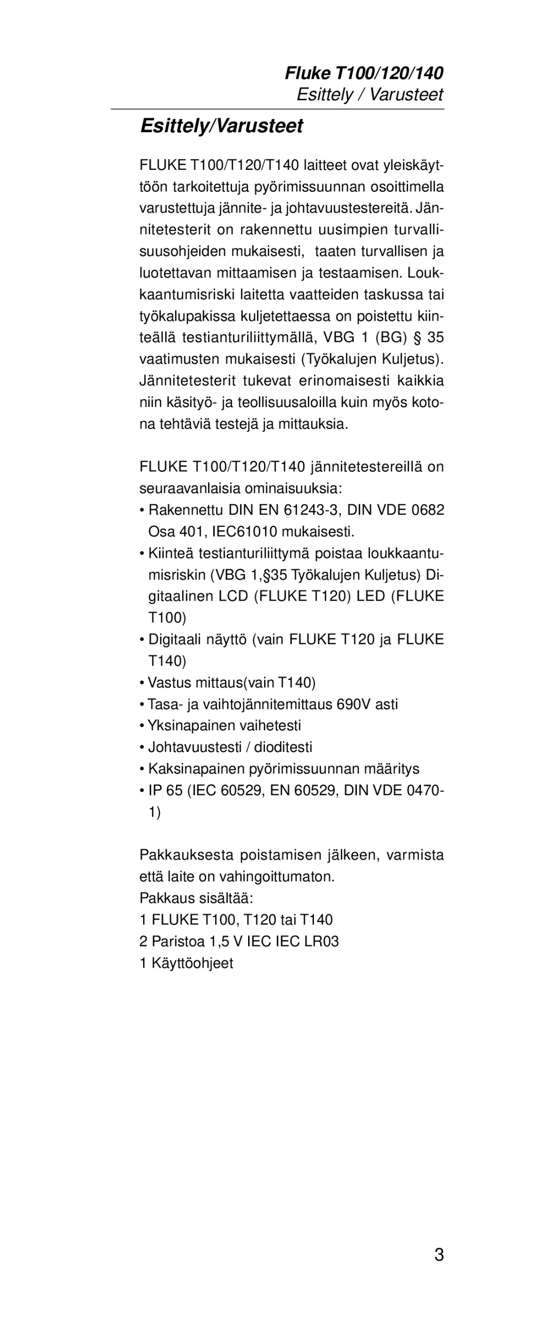 Fluke FT140, FT120 manual Esittely/Varusteet 