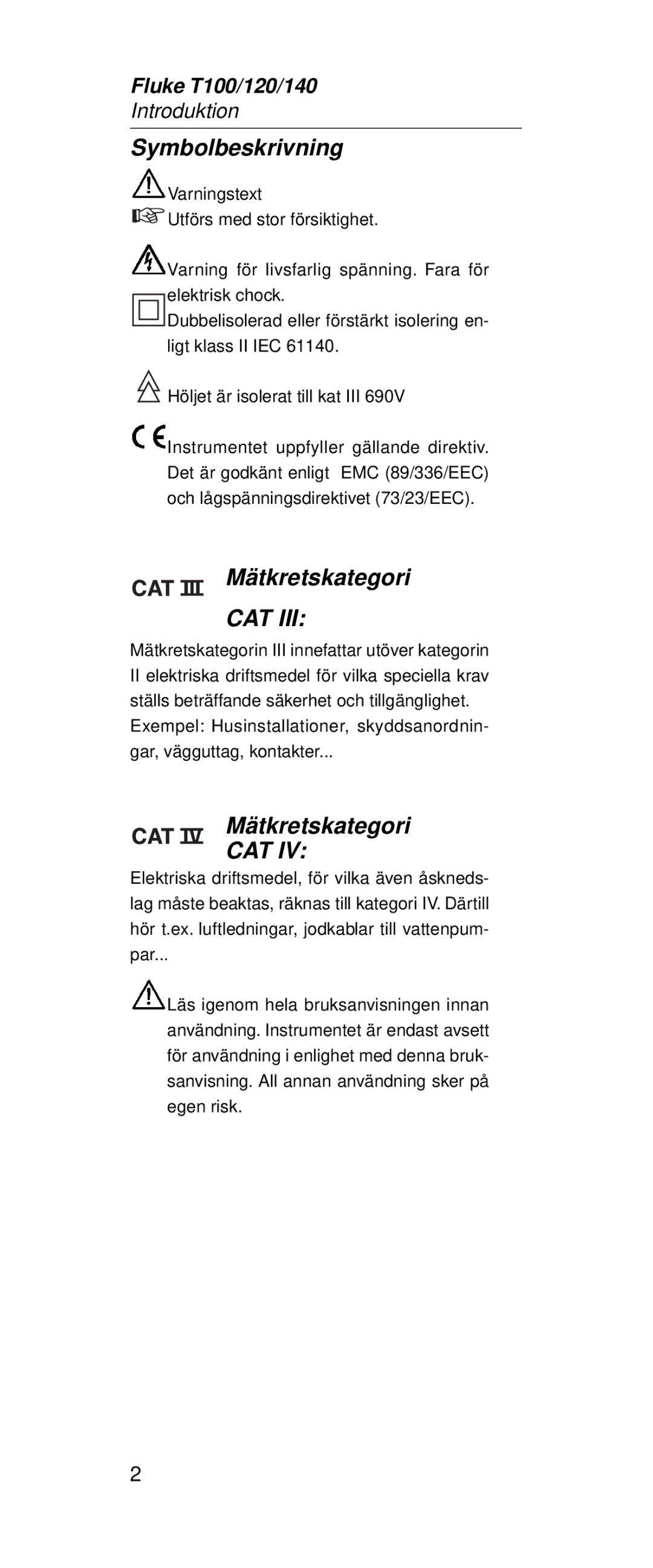 Fluke FT120, FT140 manual Symbolbeskrivning, Mätkretskategori 