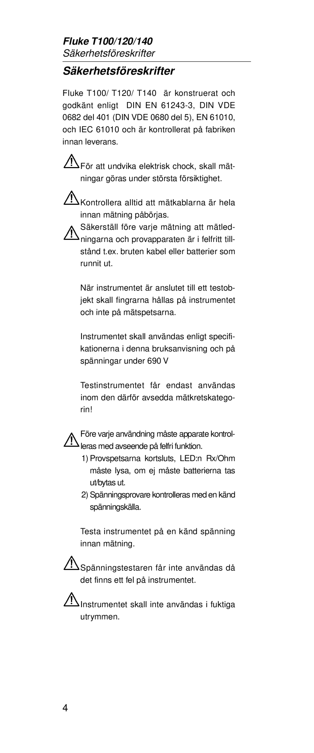 Fluke FT120, FT140 manual Säkerhetsföreskrifter 