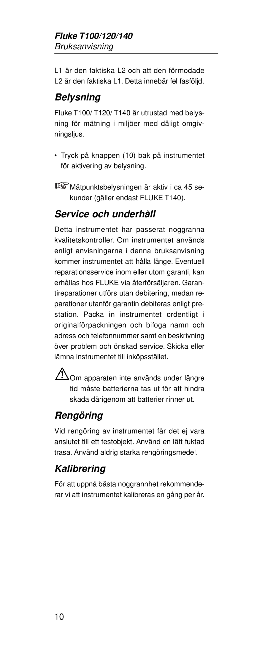 Fluke FT120, FT140 manual Belysning, Service och underhåll, Rengöring, Kalibrering 