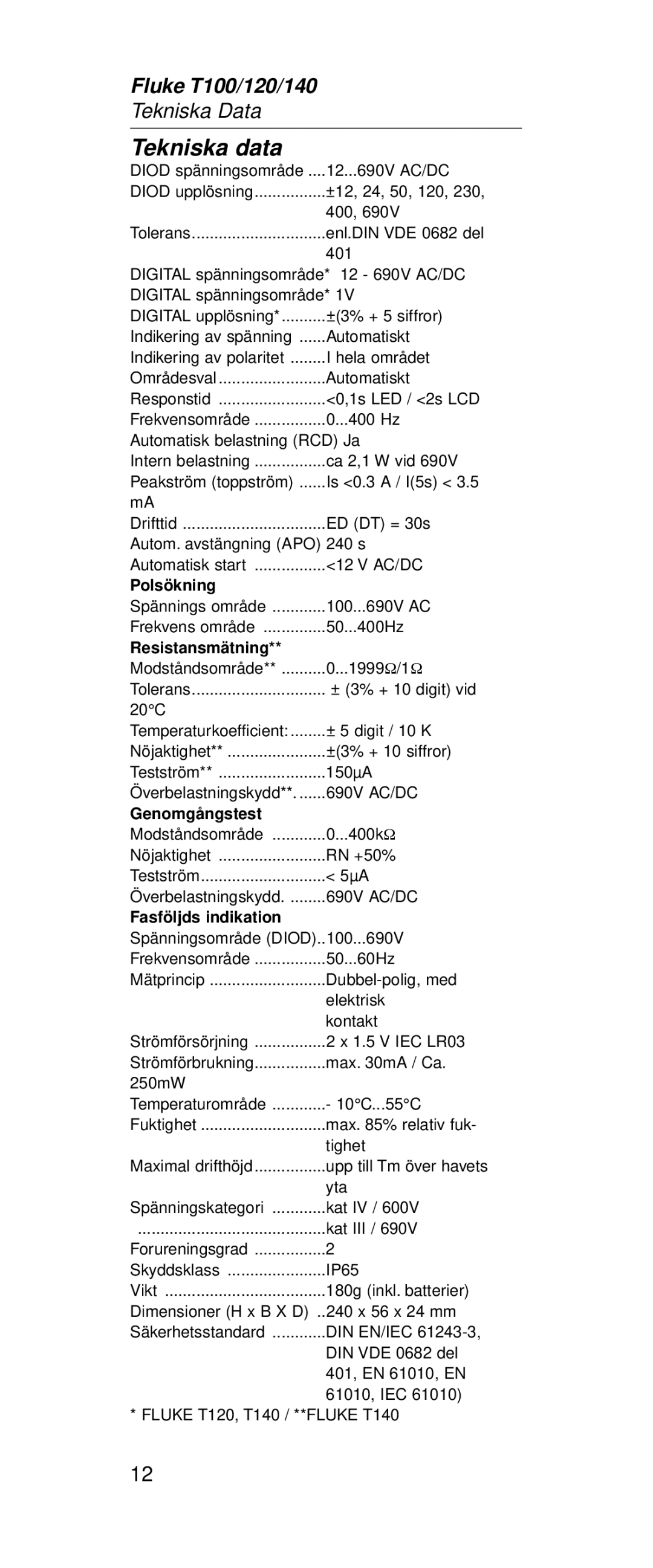 Fluke FT120, FT140 manual Tekniska data, Resistansmätning 