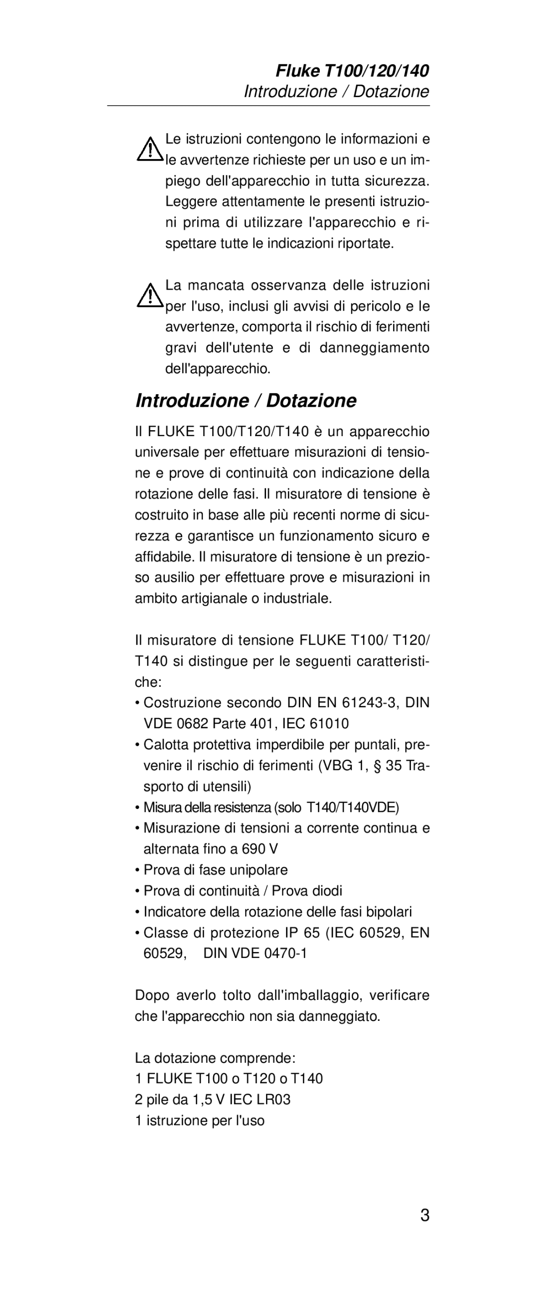 Fluke FT140, FT120 manual Introduzione / Dotazione 