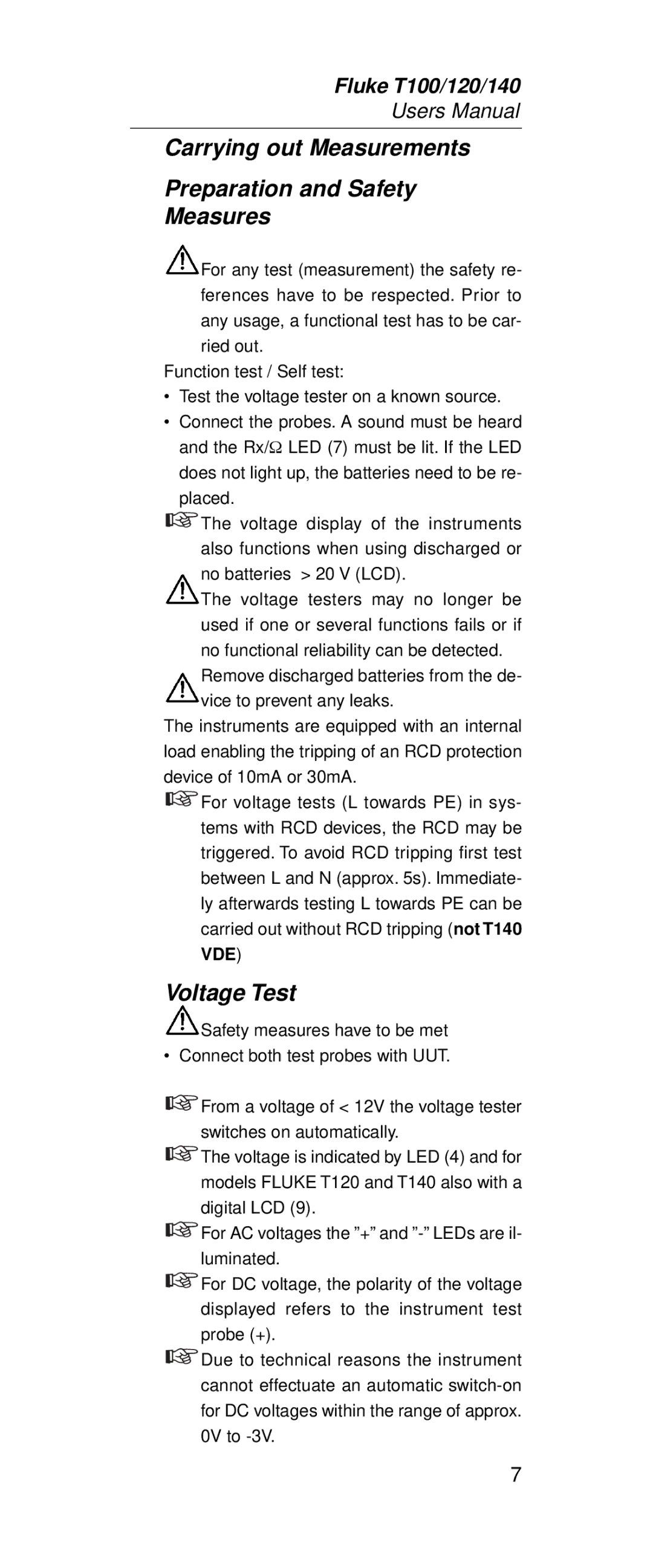 Fluke FT140, FT120 manual Carrying out Measurements Preparation and Safety Measures, Voltage Test 
