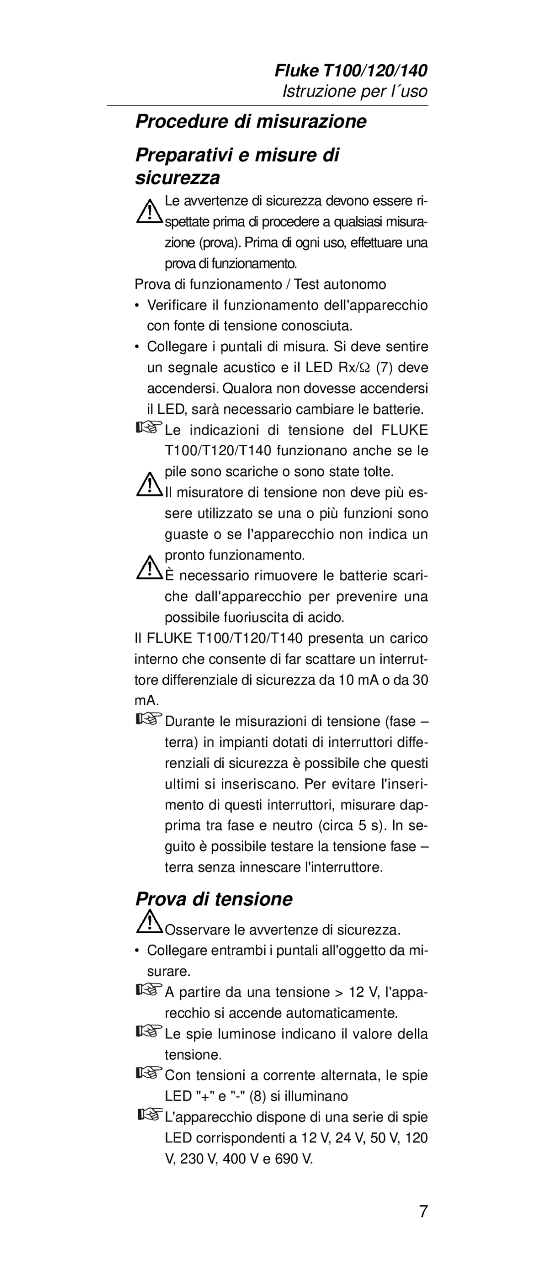 Fluke FT140, FT120 manual Procedure di misurazione Preparativi e misure di sicurezza, Prova di tensione 