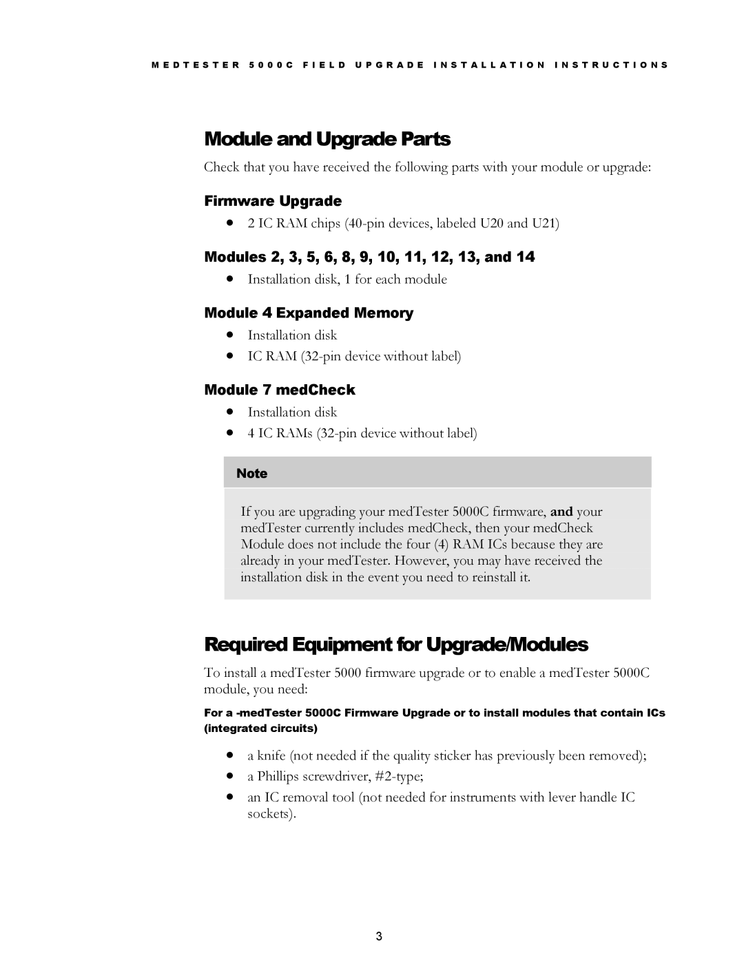 Fluke MedTester 5000C installation instructions Module and Upgrade Parts, Required Equipment for Upgrade/Modules 