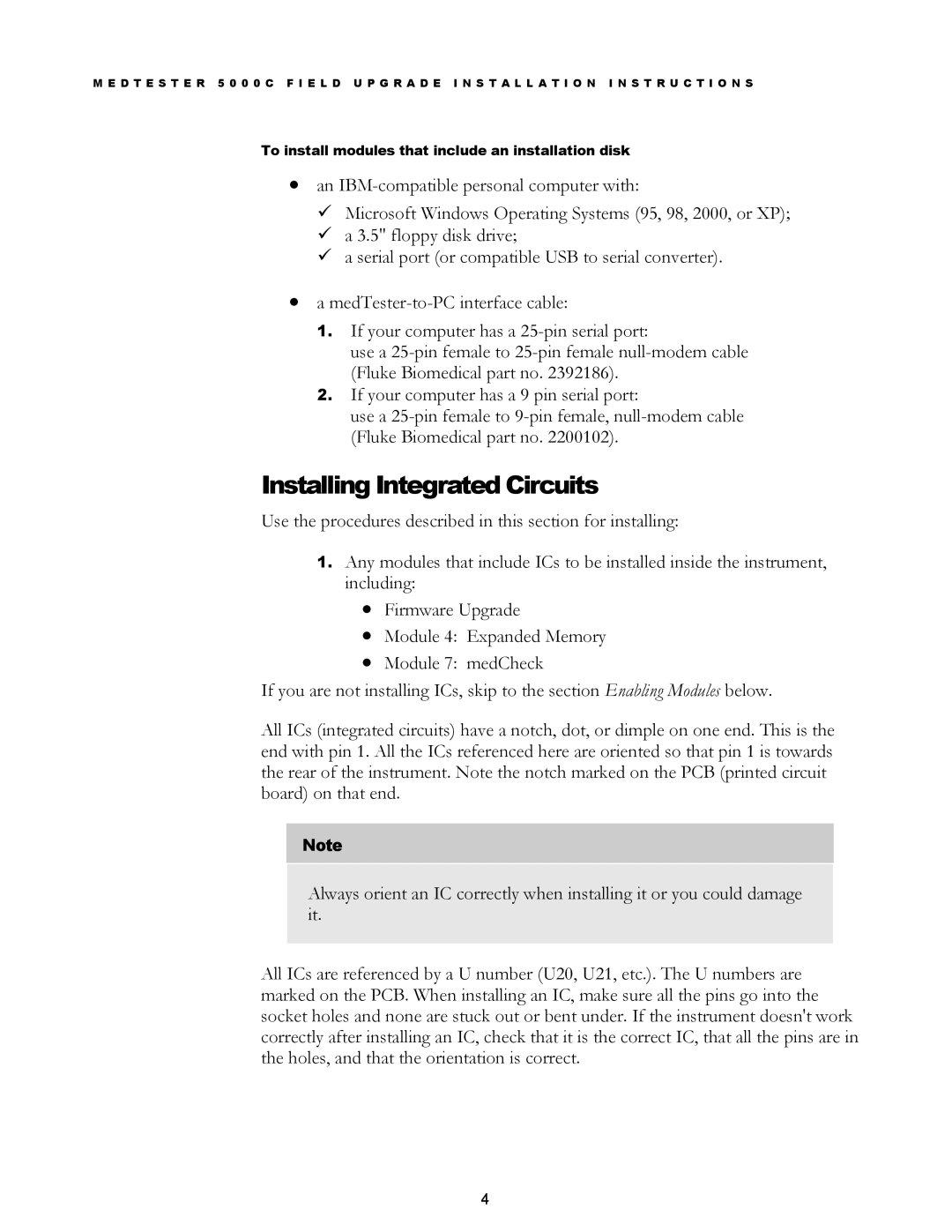 Fluke MedTester 5000C installation instructions Installing Integrated Circuits 