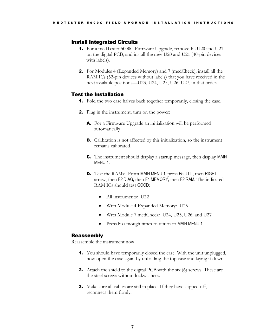 Fluke MedTester 5000C installation instructions Install Integrated Circuits, Test the Installation, Reassembly 