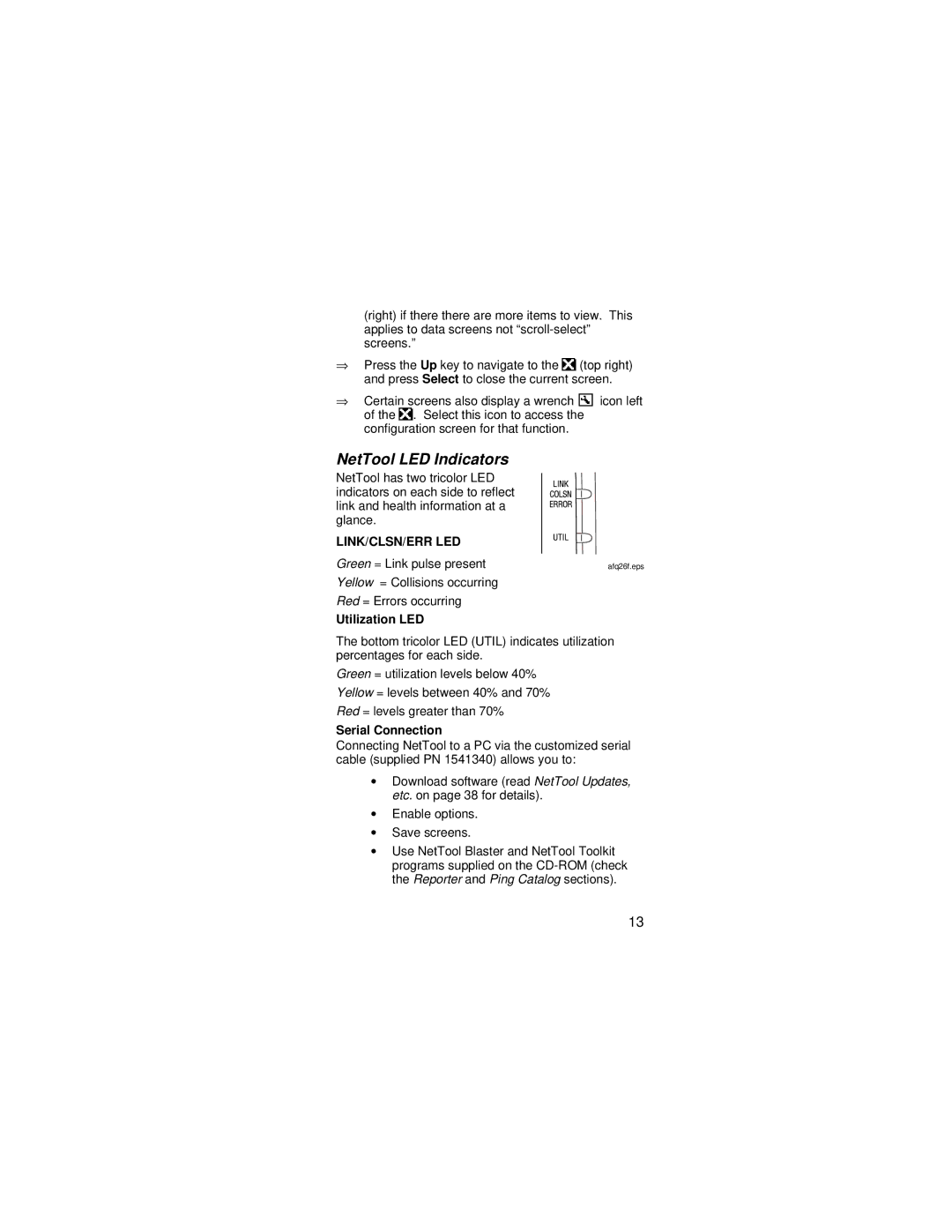 Fluke manual NetTool LED Indicators, Utilization LED, Serial Connection 