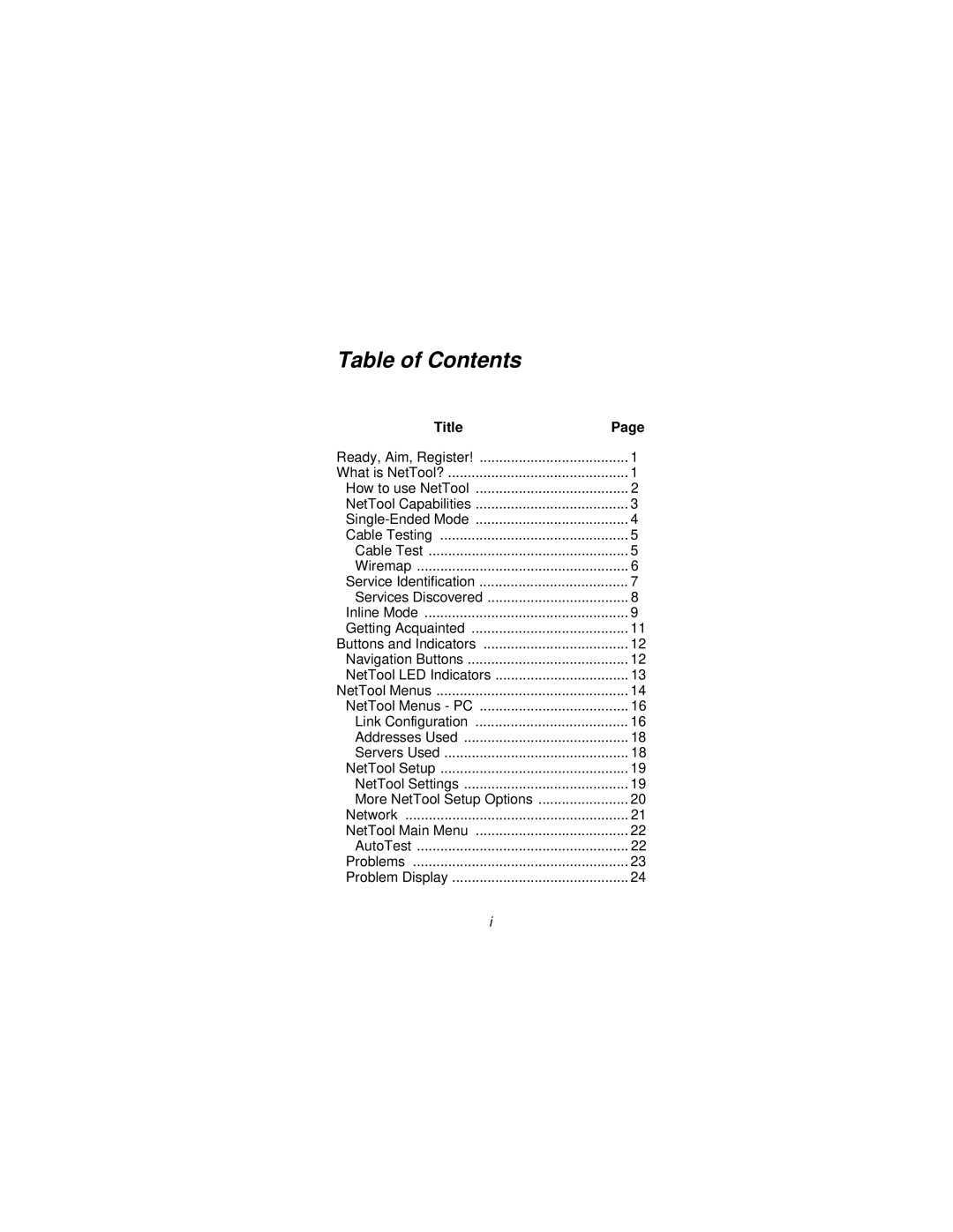 Fluke NetTool manual Table of Contents 