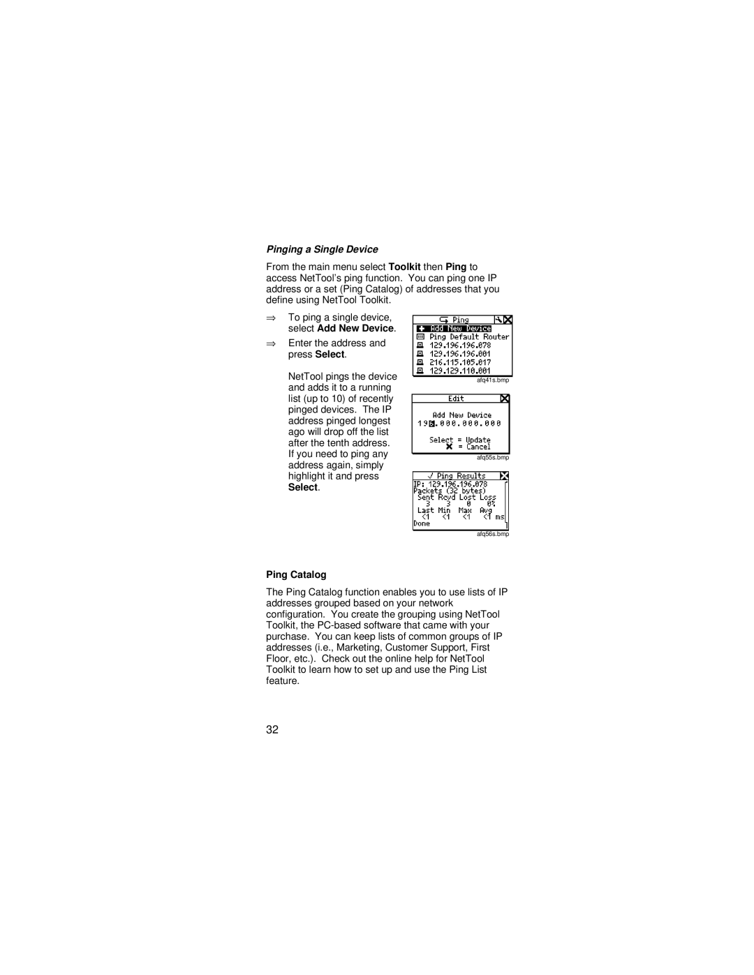 Fluke NetTool manual Pinging a Single Device, Ping Catalog 