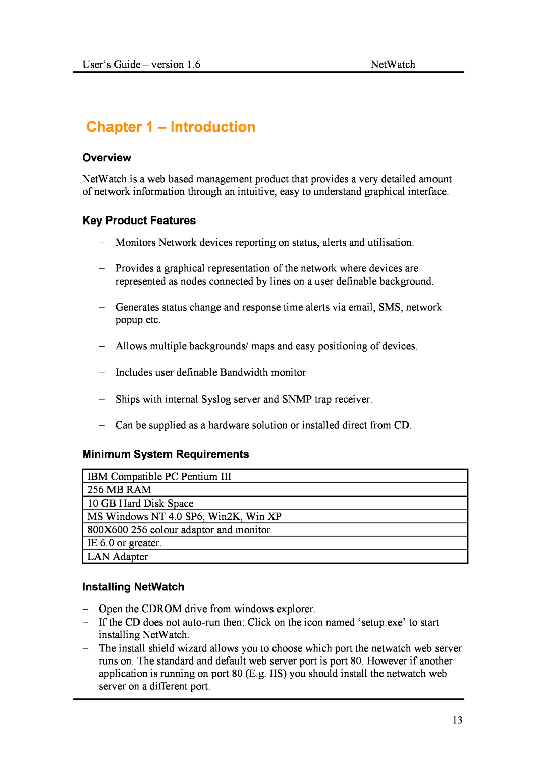 Fluke Network Router manual Introduction, Overview, Key Product Features, Minimum System Requirements, Installing NetWatch 