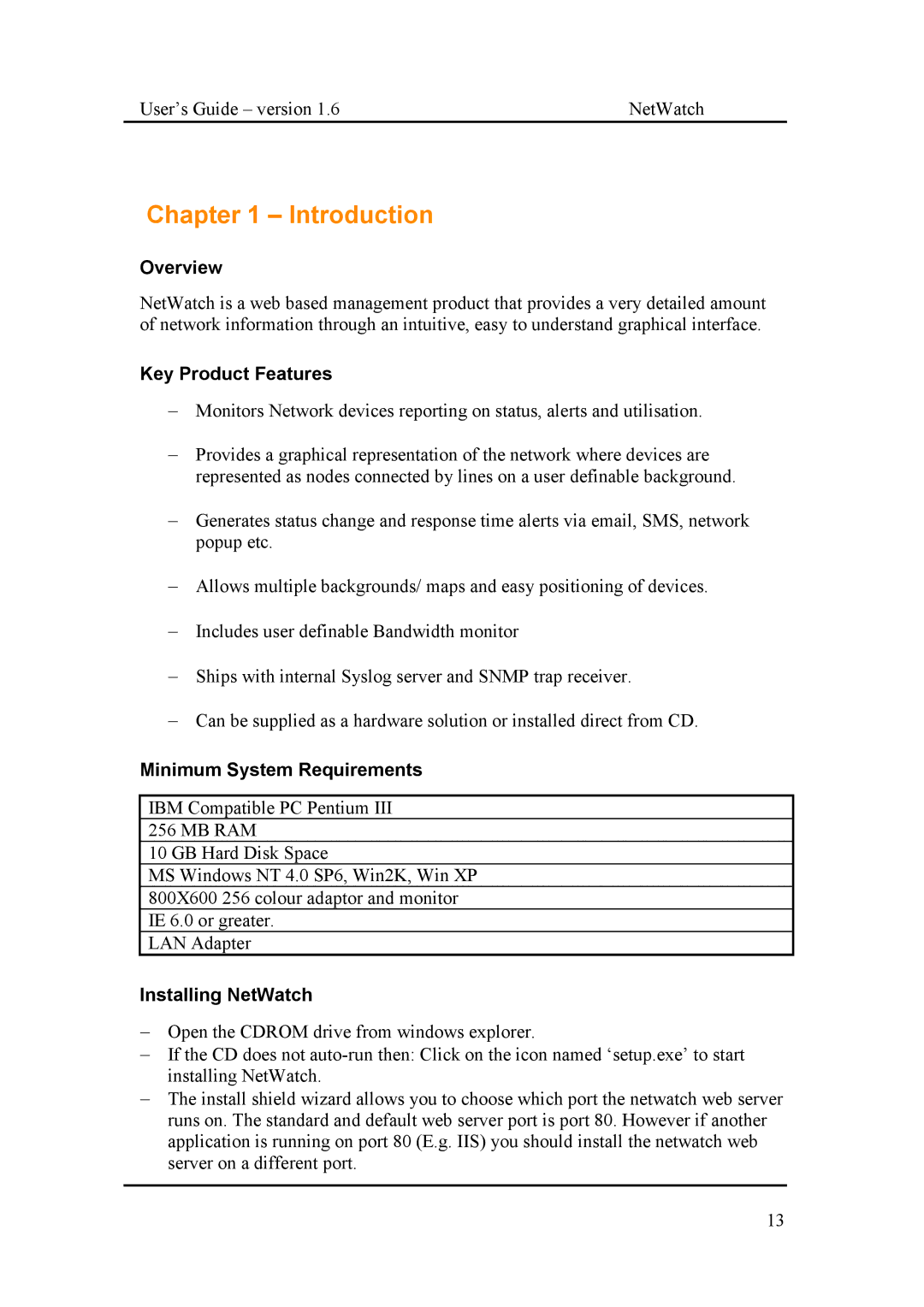 Fluke Network Router manual Introduction, Overview, Key Product Features, Minimum System Requirements, Installing NetWatch 